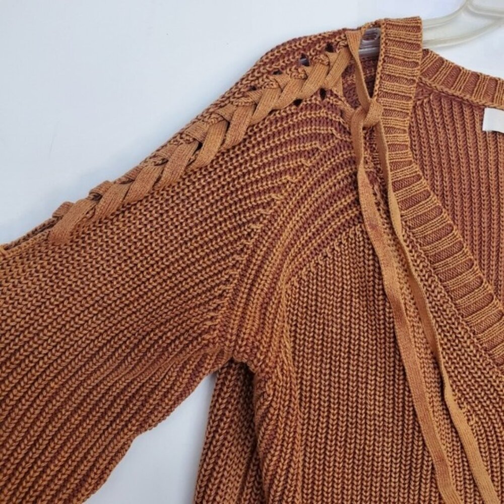 Braided Shoulder Sweater Split Cuff 100% Cotton Rust Brown EUC! Sz M